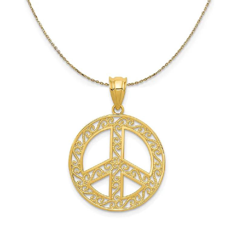 fluid pendant necklace-14k Yellow Gold Filigree Peace Sign (19mm) Necklace