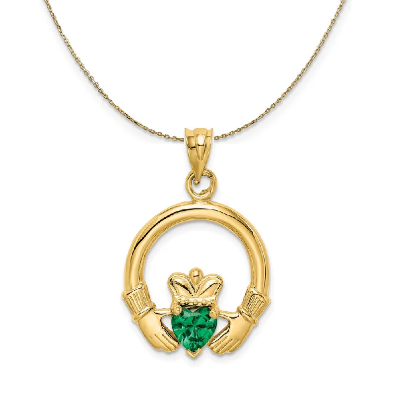 chiseled letter necklace-14k Yellow Gold & Green CZ Claddagh Necklace