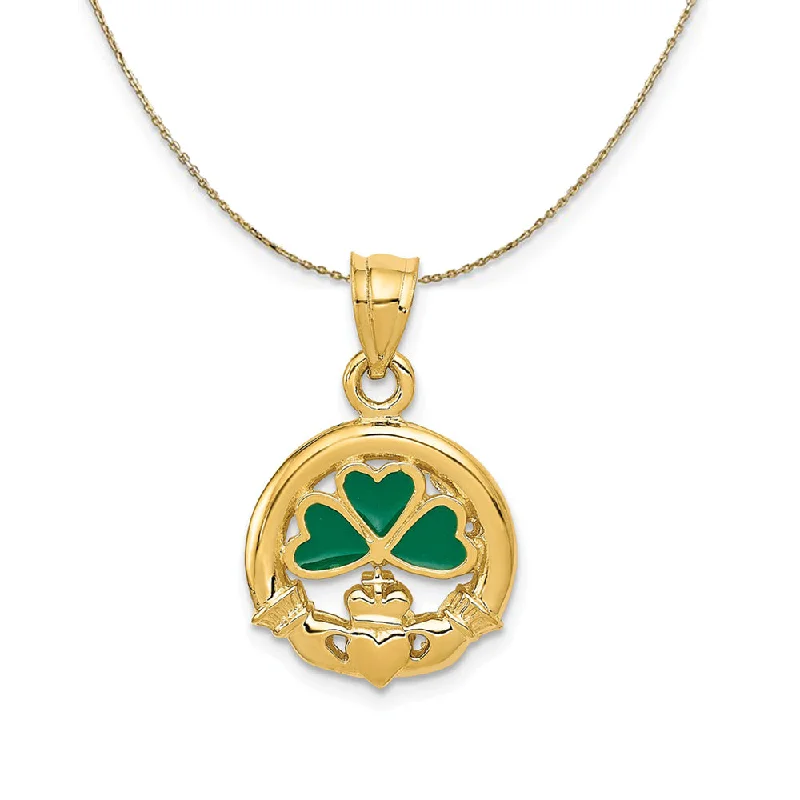 fluid modern necklace-14k Yellow Gold Green Enamel Clover & Claddagh Necklace