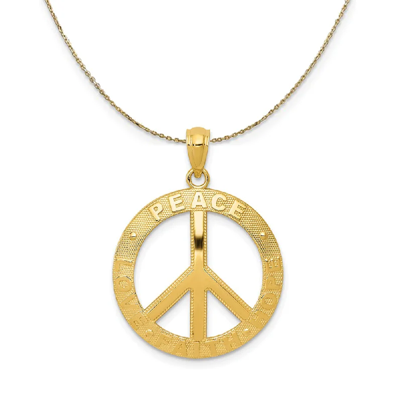 14k Yellow Gold Peace, Hope, Faith, Love, Peace Sign Necklace