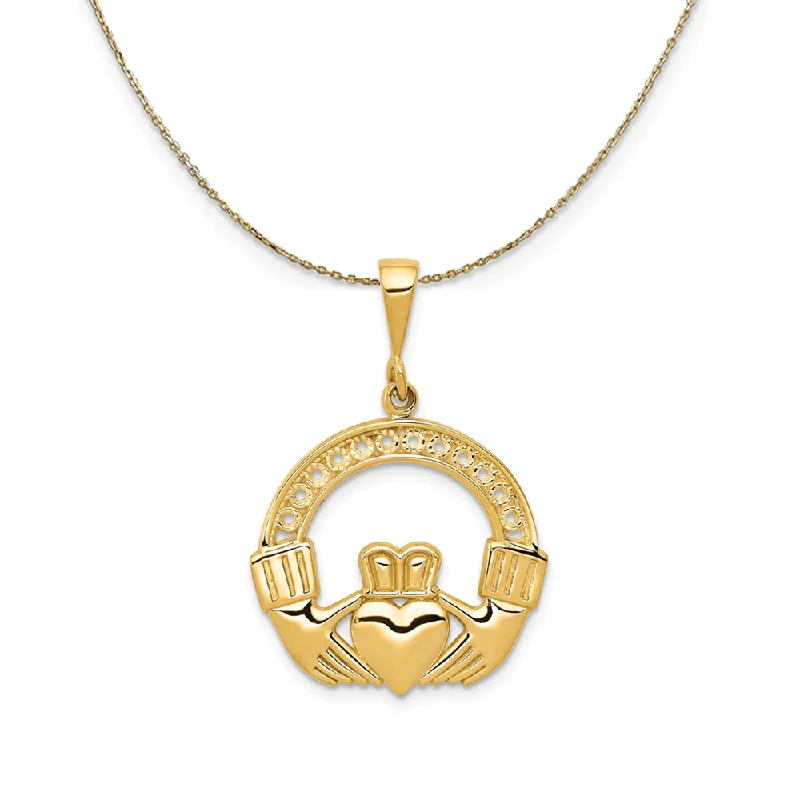 tech night necklace-14k Yellow Gold Polished & Satin Claddagh (21mm) Necklace