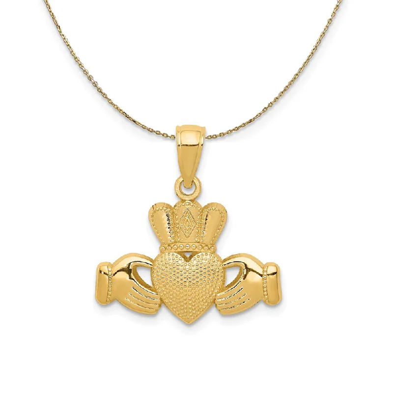 14k Yellow Gold Polished & Textured Claddagh Necklace