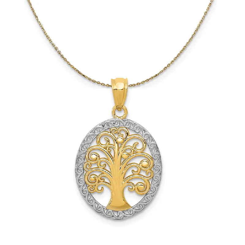 rose gold interlocked necklace-14k Yellow Gold & Rhodium Oval Tree of Life Necklace