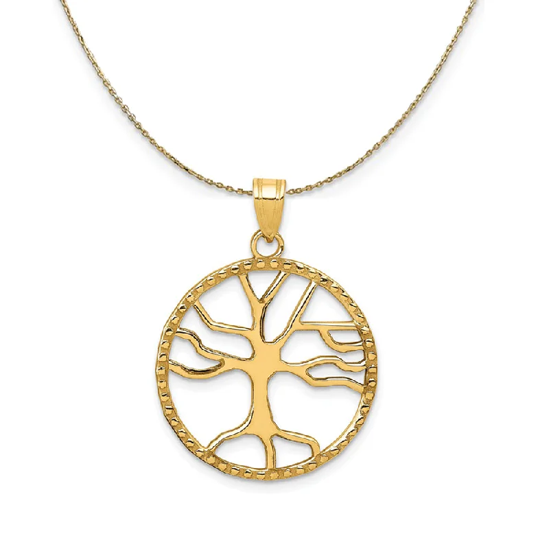 sturdy silver necklace-14k Yellow Gold Round Framed Tree of Life Necklace