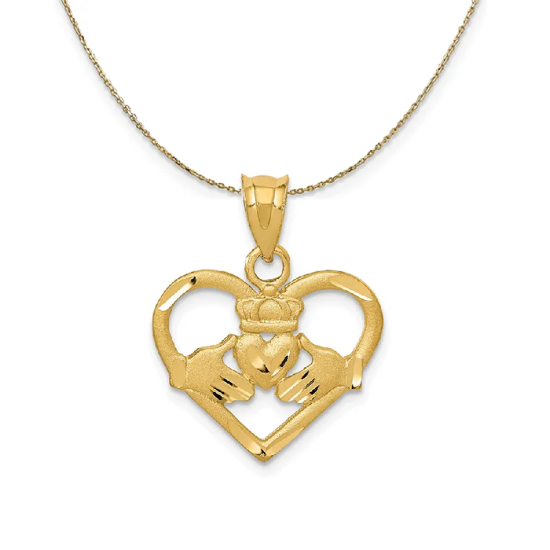 sculpted diamond necklace-14k Yellow Gold Satin and Diamond Cut Claddagh Heart Necklace