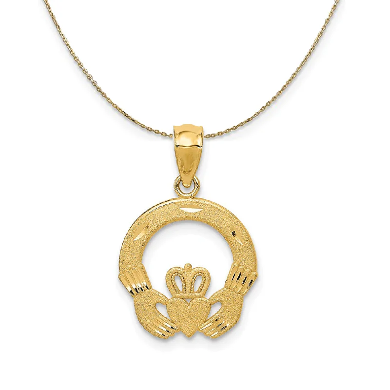 extravagant silver necklace-14k Yellow Gold Satin & Diamond Cut Flat Claddagh Necklace