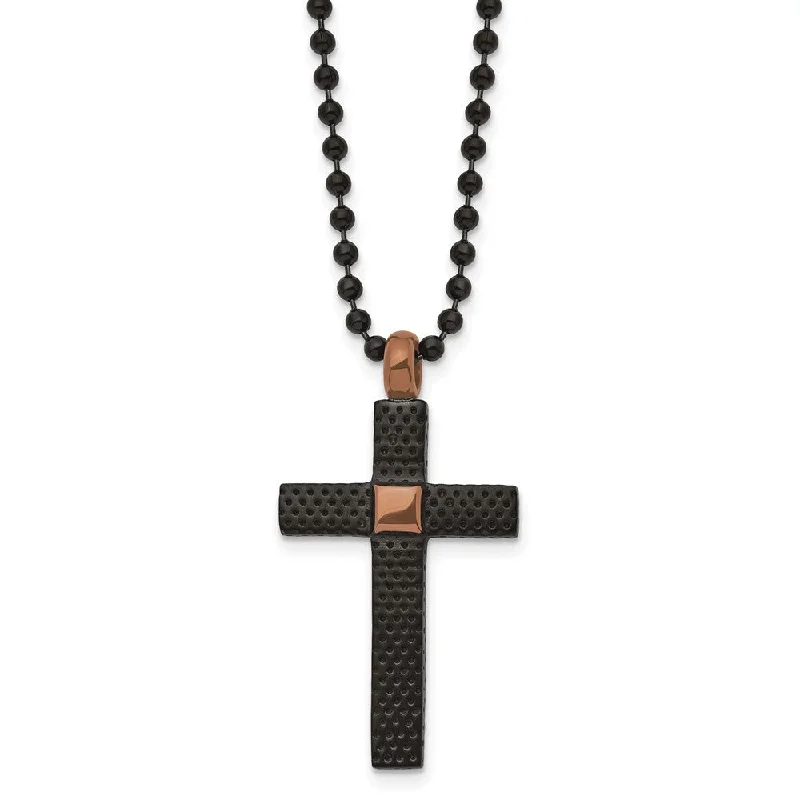 Black & Brown Plated Stainless Steel Textured Cross Necklace, 24 Inch