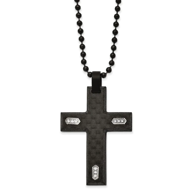 gothic emerald chain necklace-Black Plated Stainless Steel, Carbon Fiber, CZ Cross Necklace, 24 Inch