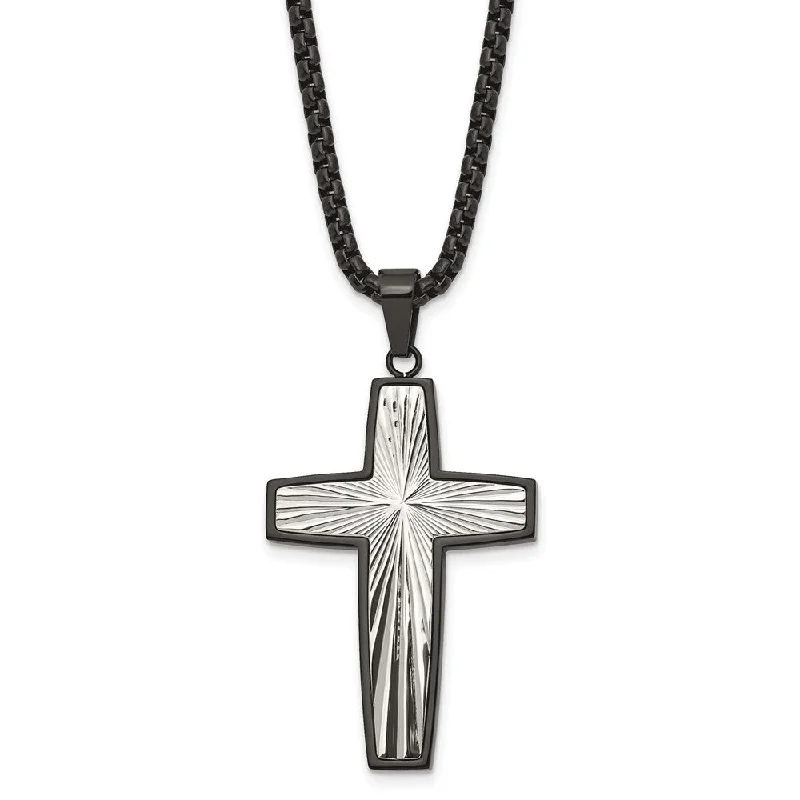 Black Plated Stainless Steel Polished Starburst Cross Necklace, 24 In