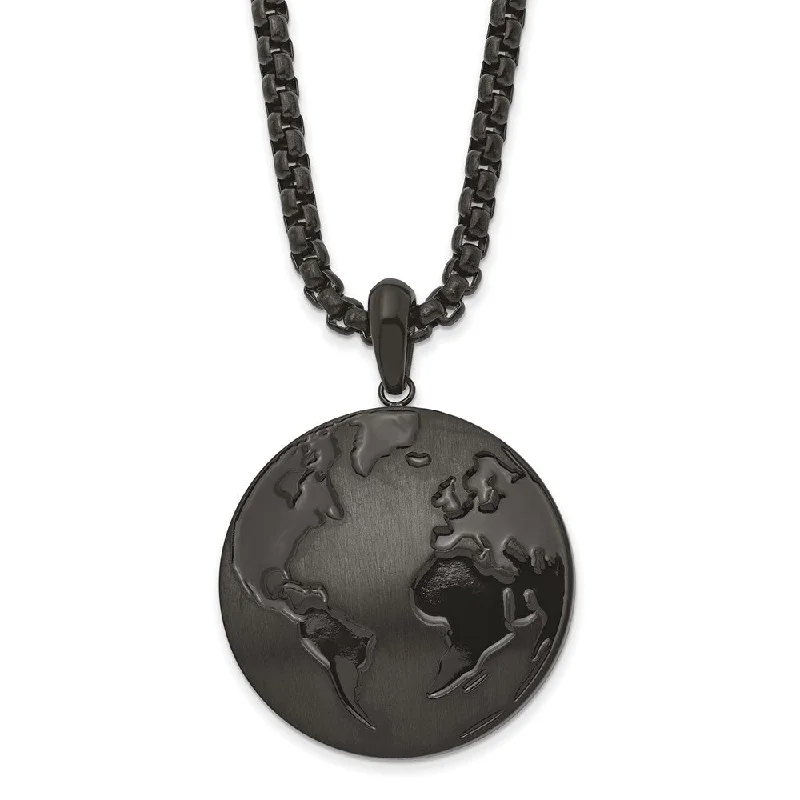 sprig charm necklace-Men's Black Plated Stainless Steel 29mm Earth Necklace, 24 Inch