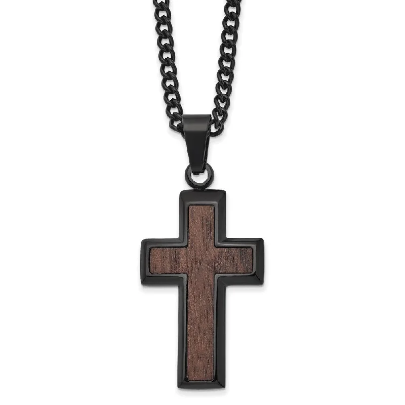 Mens Black Plated Stainless Steel & Wood Inlay Cross Necklace, 24 Inch