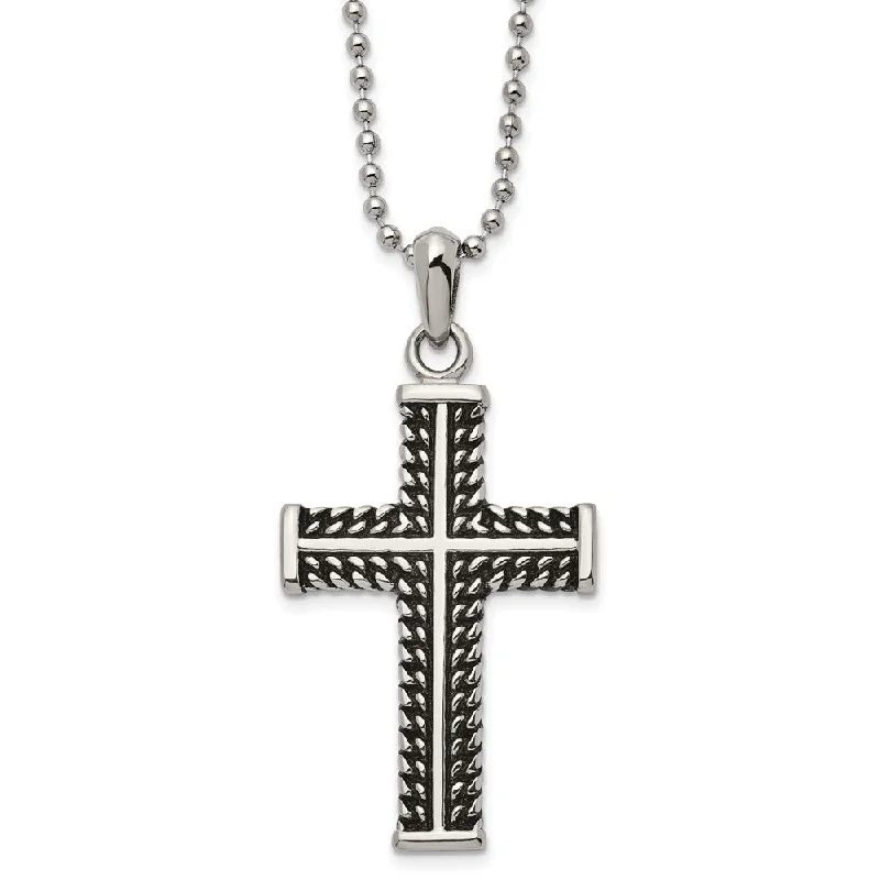 aquamarine pendant necklace-Men's Stainless Steel Antiqued and Polished Cross Necklace, 22 Inch