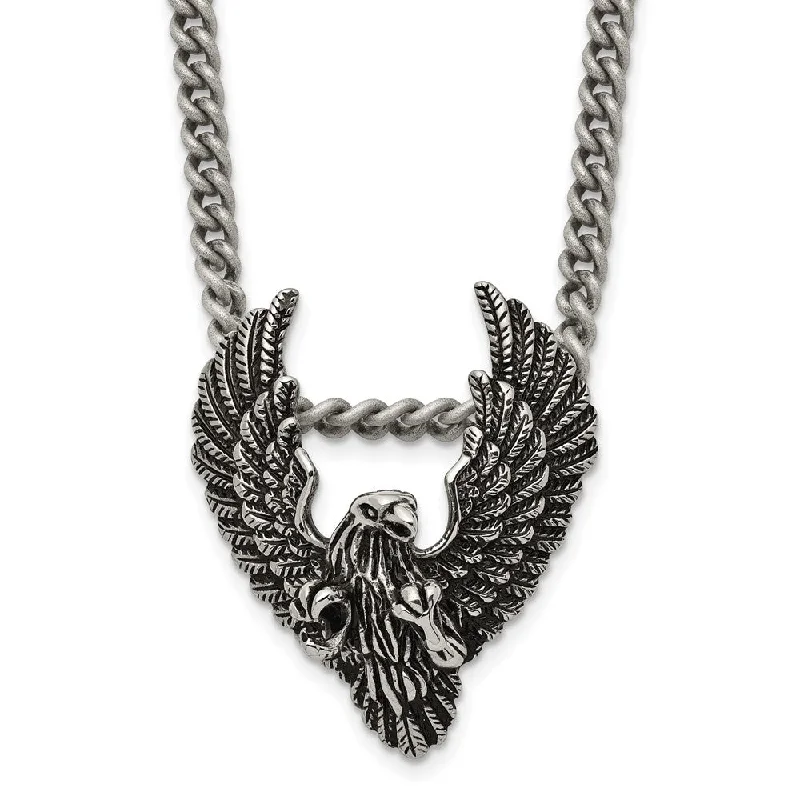 sprig engraved necklace-Men's Stainless Steel Antiqued Eagle Necklace, 24 Inch