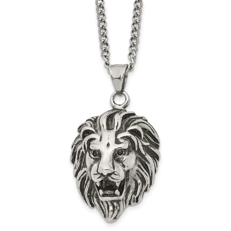 seven-stone necklace-Men's Stainless Steel Antiqued Large 3D Lion Head Necklace, 24 Inch