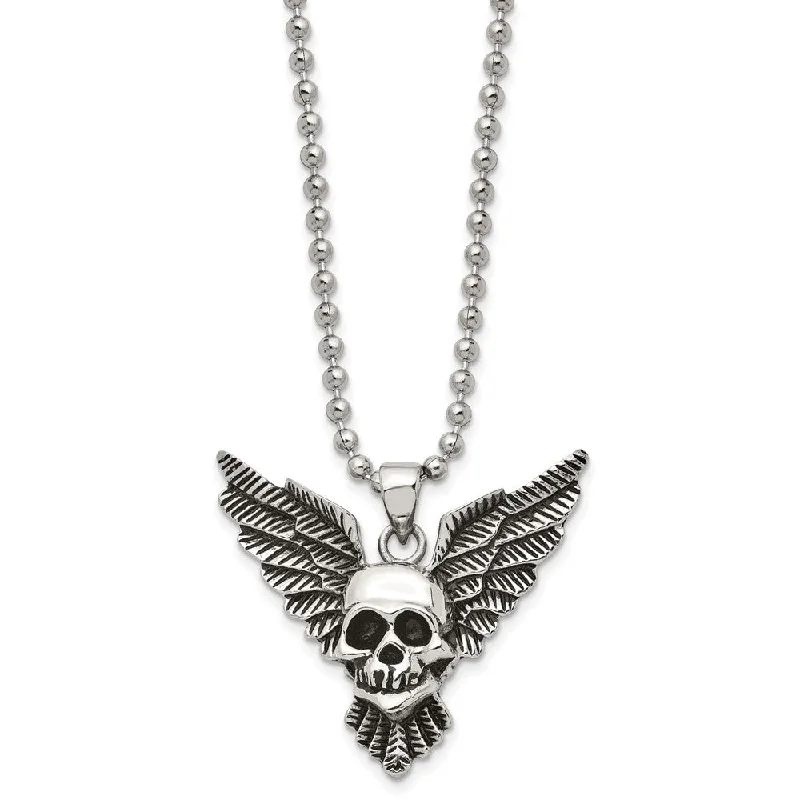 gothic gold necklace-Men's Stainless Steel Antiqued & Polished Winged Skull Necklace, 22 In