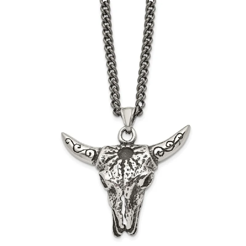 Men's Stainless Steel Antiqued XL Steer Skull Necklace, 20 Inch