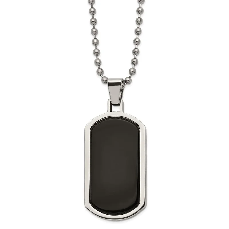 chiseled love necklace-Men's Stainless Steel & Black Agate Inlay Dog Tag Necklace, 22 Inch