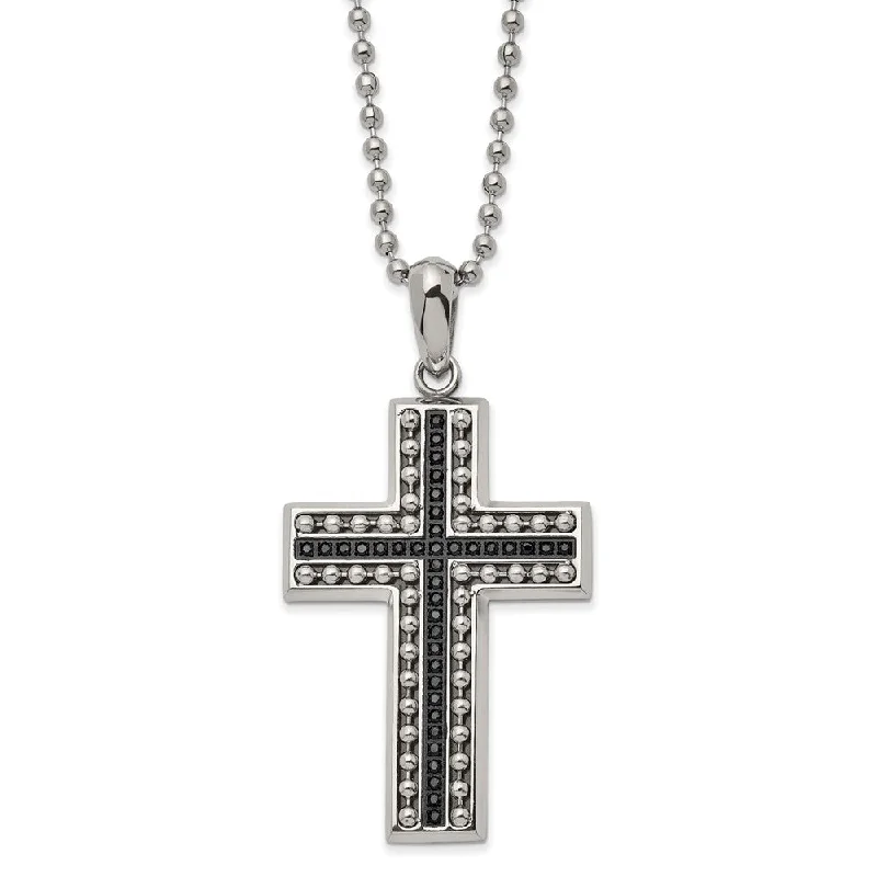 extravagant pendant necklace-Men's Stainless Steel Black CZ Polished Beaded Cross Necklace, 22 Inch