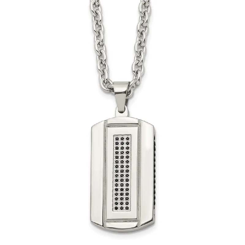 ripple-shaped layered necklace-Men's Stainless Steel & Black CZ Two Tone Dog Tag Necklace, 24 Inch