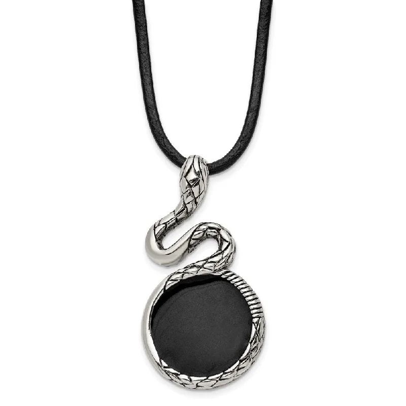 silver coil necklace-Men's Stainless Steel, Black Enamel & Leather Snake Necklace, 20 Inch