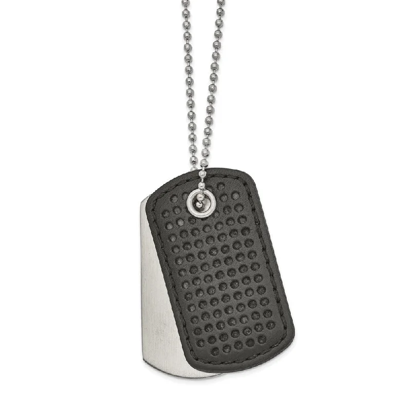 retro pearl pendant necklace-Men's Stainless Steel & Black Leather 2 Piece Dog Tag Necklace, 22 In