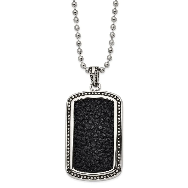 ripple-shaped charm necklace-Men's Stainless Steel & Black Leather Antiqued Dog Tag Necklace, 22 In