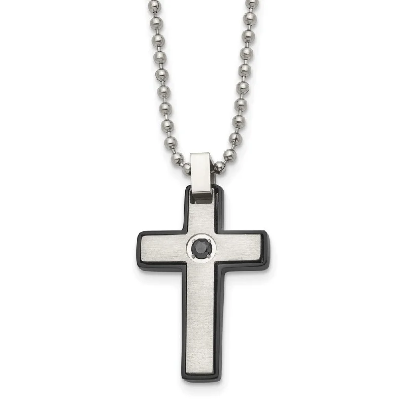 morganite silver necklace-Men's Stainless Steel, Black Plated & Black CZ Cross Necklace, 20 Inch