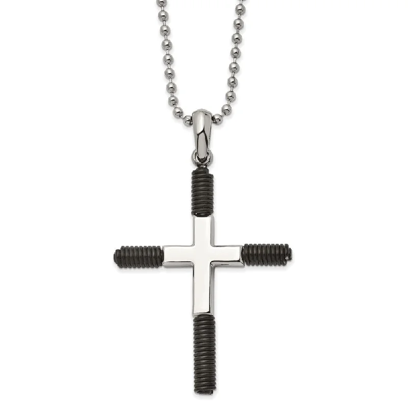 raw gold necklace-Mens Stainless Steel & Black Plated Coiled XL Cross Necklace, 22 Inch