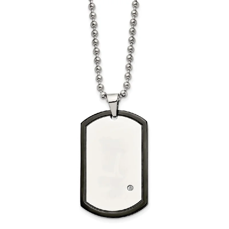 Men's Stainless Steel, Black Plated & CZ Dog Tag Necklace, 22 Inch