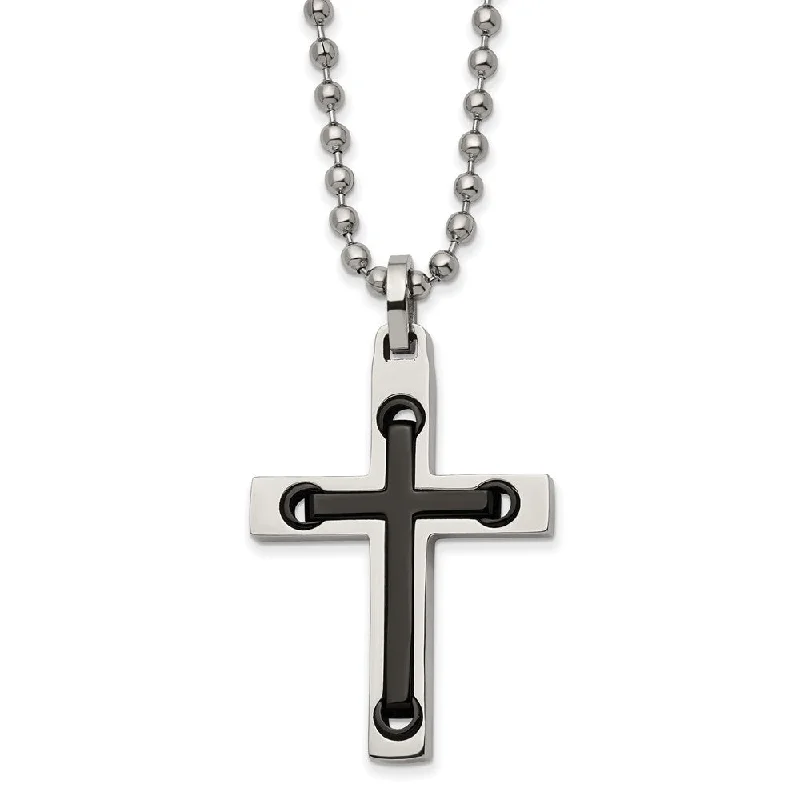 ripple-shaped pendant necklace-Men's Stainless Steel & Black Plated Polished Cross Necklace, 22 Inch