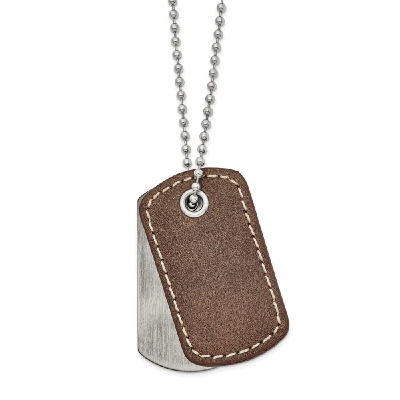 sculpted silver chain necklace-Men's Stainless Steel & Brown Leather 2 Piece Dog Tag Necklace, 22 In