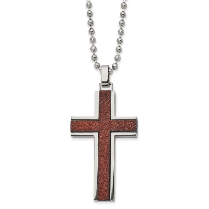 Men's Stainless Steel & Brown Wood Cross Necklace, 22 Inch