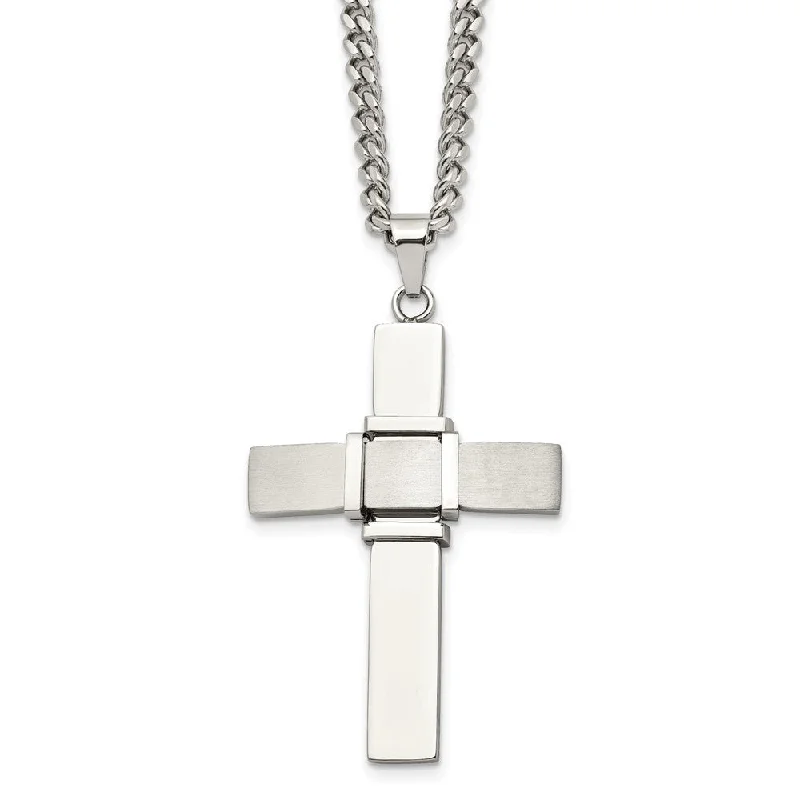 Men's Stainless Steel Brushed & Polished Cross Necklace, 22 Inch