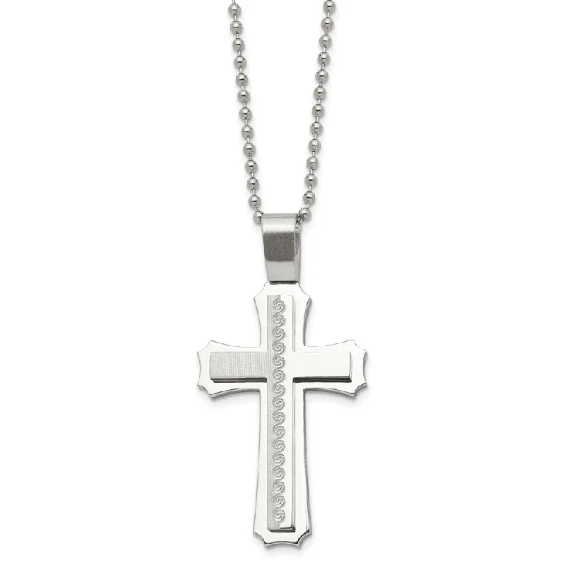 bronze promise necklace-Men's Stainless Steel Brushed & Polished Swirl Cross Necklace, 24 Inch