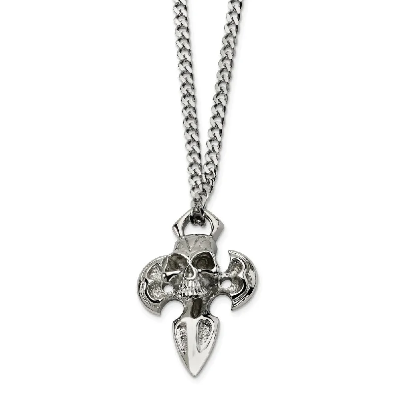 sturdy gemstone necklace-Men's Stainless Steel Cross with Skull Necklace