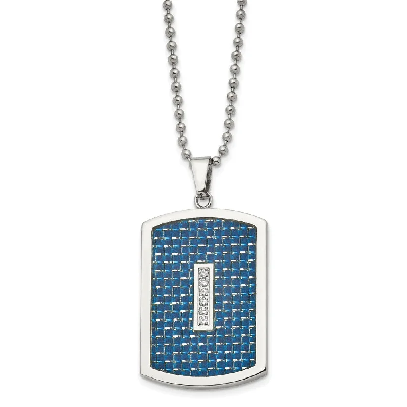 Mens Stainless Steel, CZ & Blue Carbon Fiber Dog Tag Necklace, 22 Inch