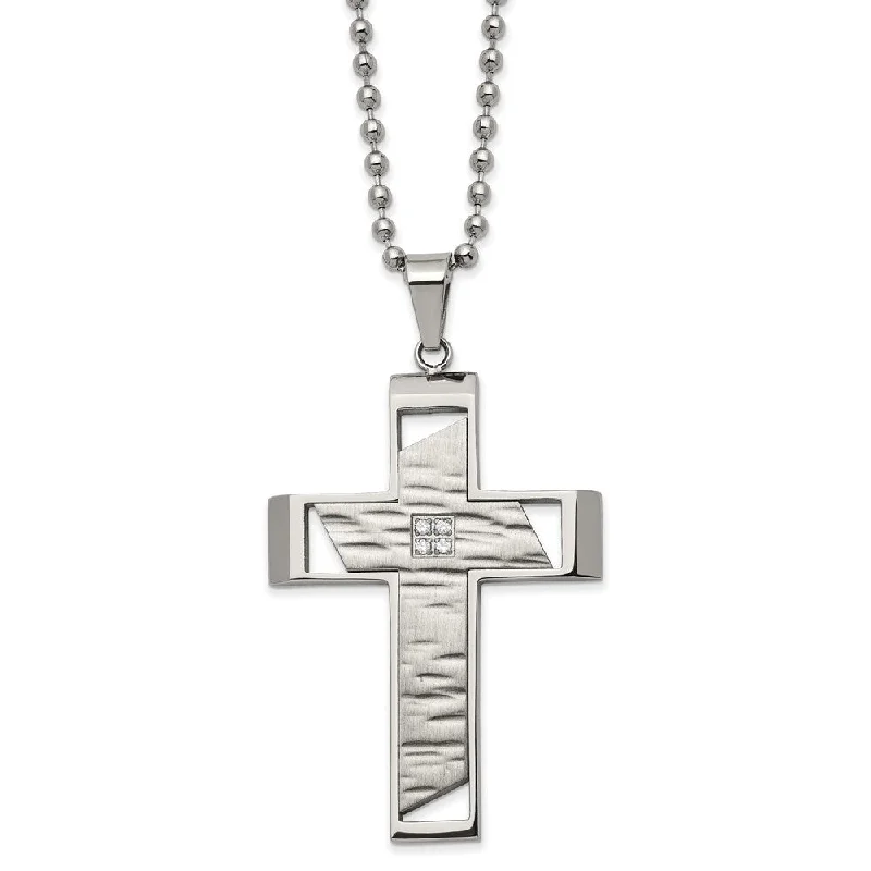 Men's Stainless Steel & CZ Brushed & Textured Cross Necklace, 22 Inch