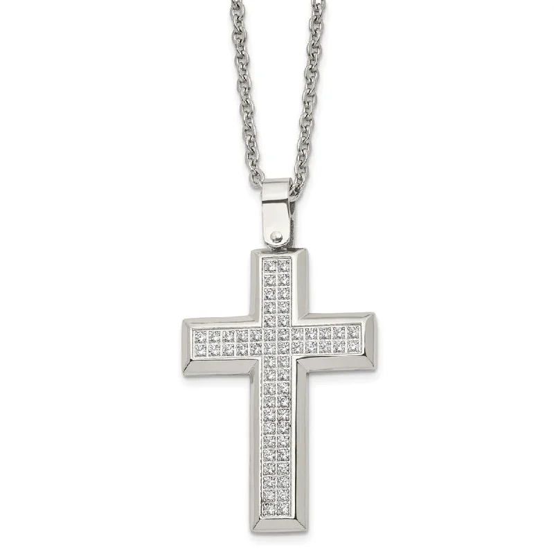 glowing gold necklace-Men's Stainless Steel & CZ Large Beveled Cross Necklace, 24 Inch