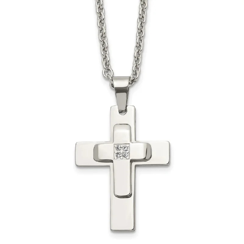 raw turquoise necklace-Men's Stainless Steel & CZ Polished Cross Necklace, 22 Inch