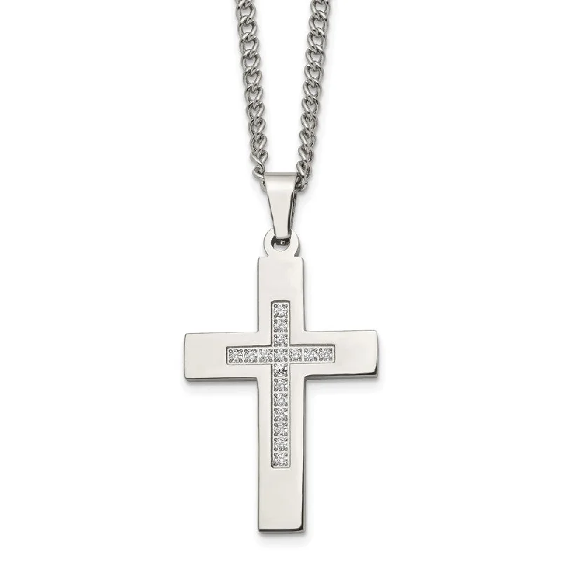 Men's Stainless Steel & CZ Polished Latin Cross Necklace, 24 Inch