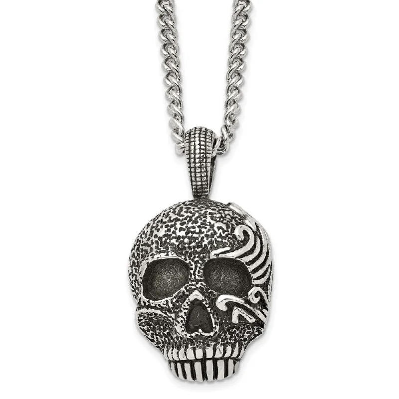 slender couple necklace-Men's Stainless Steel Large Antiqued Skull Necklace, 24 Inch