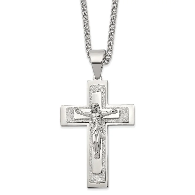 Men's Stainless Steel Large Crucifix Layered Cross Necklace, 24 Inch