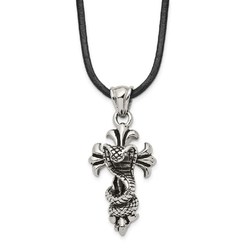 Men's Stainless Steel & Leather Antiqued Snake Cross Necklace, 20 Inch