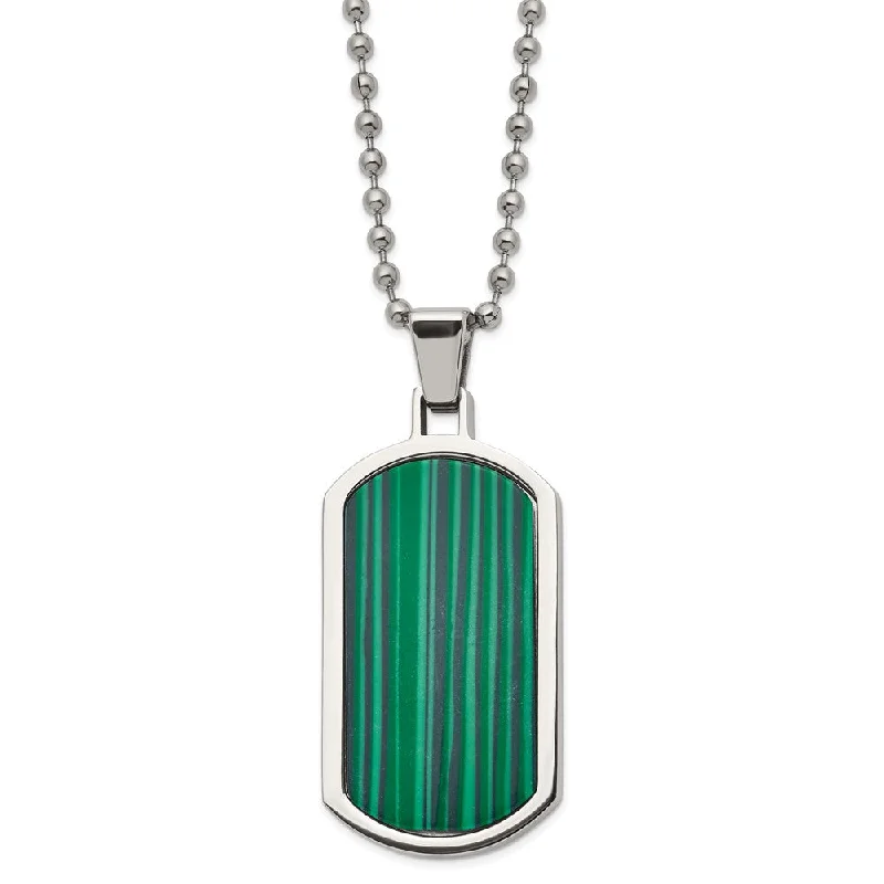 adaptable chain necklace-Men's Stainless Steel & Malachite Inlay Dog Tag Necklace, 22 Inch