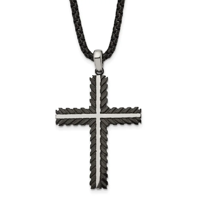 Men's Stainless Steel Polished & Black Plated Cross Necklace, 24 Inch