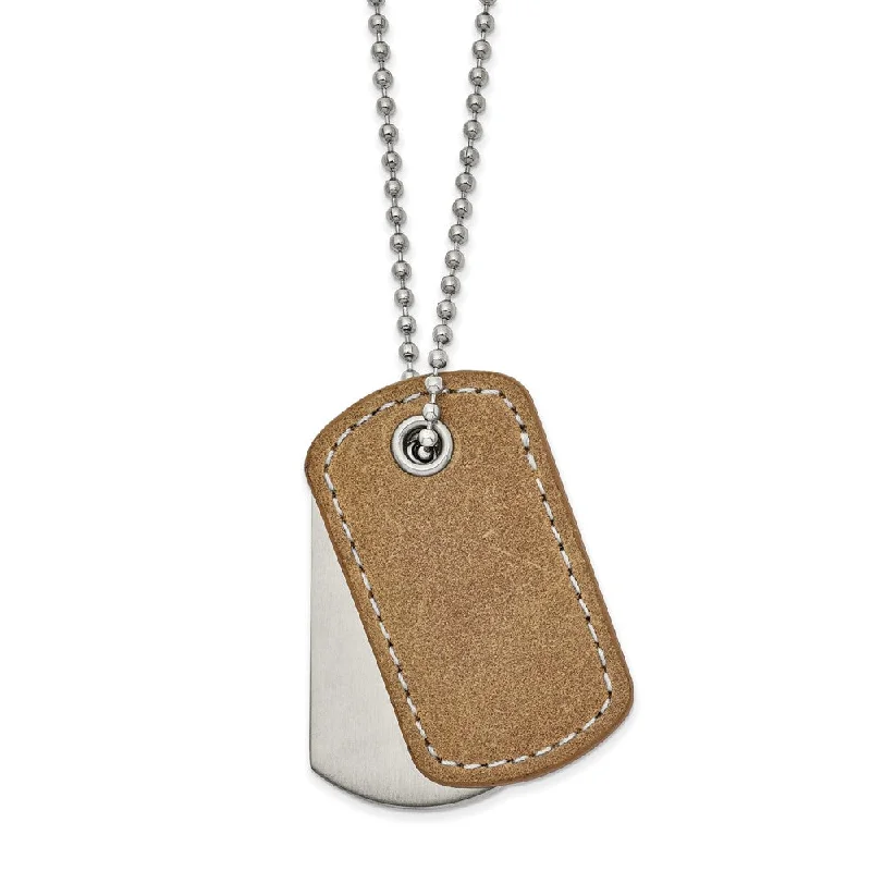 sprig gold necklace-Men's Stainless Steel & Tan Leather 2 Piece Dog Tag Necklace, 22 Inch