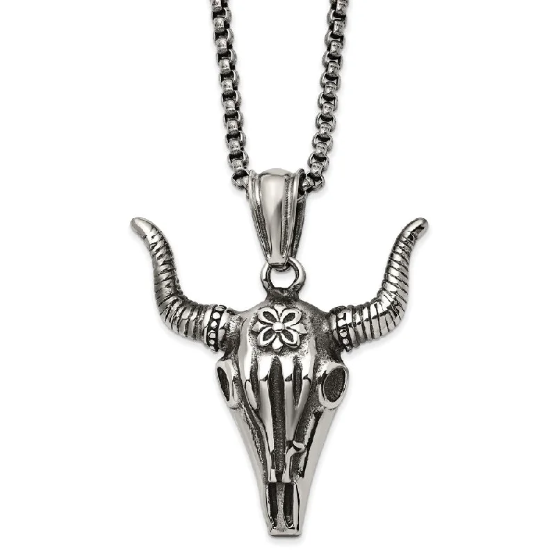 Men's Stainless Steel XL Antiqued Steer Skull Necklace, 24 Inch