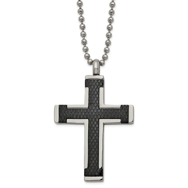 Men's Titanium & Stainless Steel Black Textured Cross Necklace, 22 In