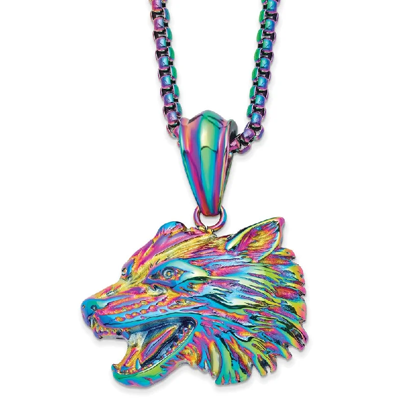 sprig sapphire necklace-Rainbow Plated Stainless Steel Large Wolf Head Necklace, 24 Inch