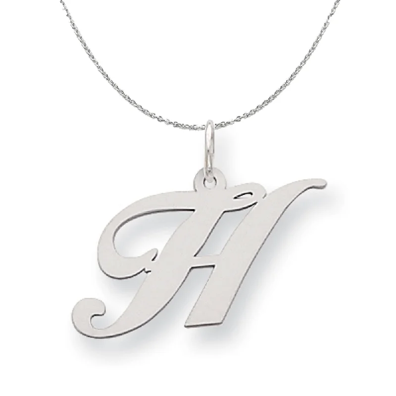 fluid modern necklace-Silver, Ella Collection Medium Fancy Script Initial H Necklace